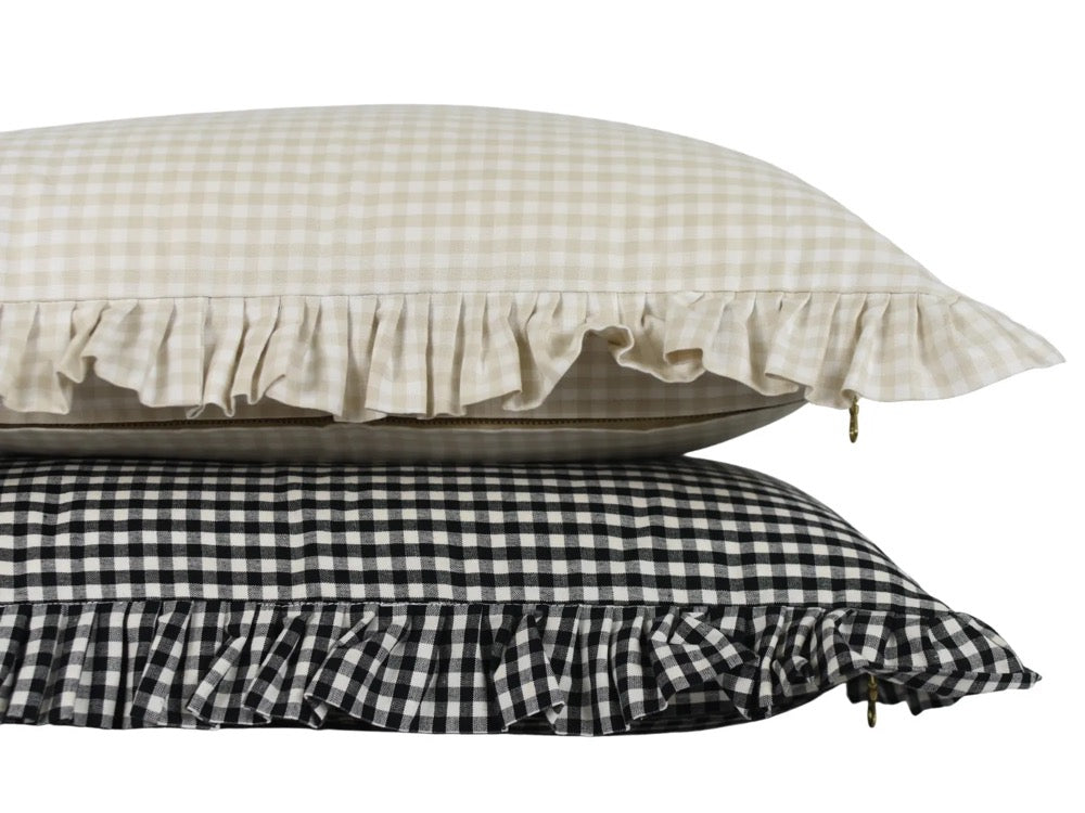 Gingham Ruffle Lumbar Pillow Cover: Handwoven Organic Kala Cotton