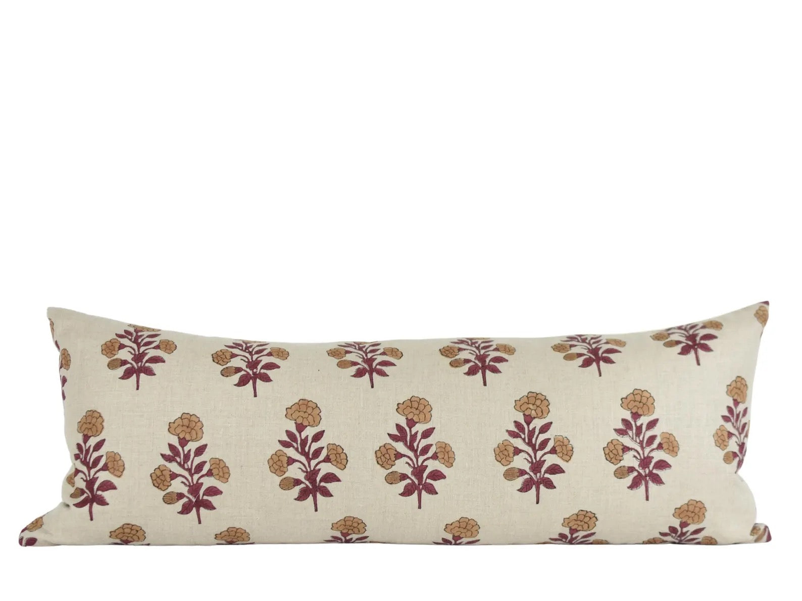 Hand Block Printed Linen Lumbar Pillow: Floral Pattern, Brass Zipper