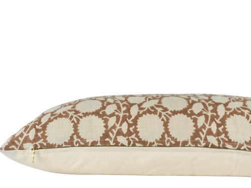 Hand Block Printed Floral Linen Lumbar Pillow - HAZEL