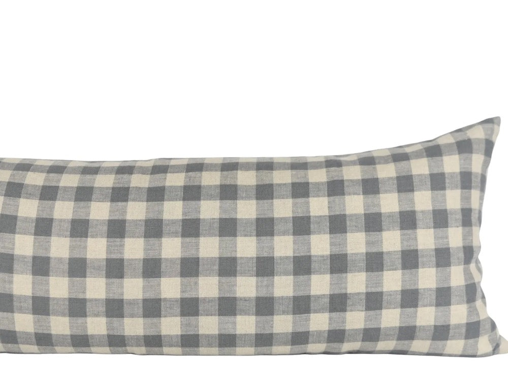 Gray Gingham Linen Long Lumbar Pillow Cover