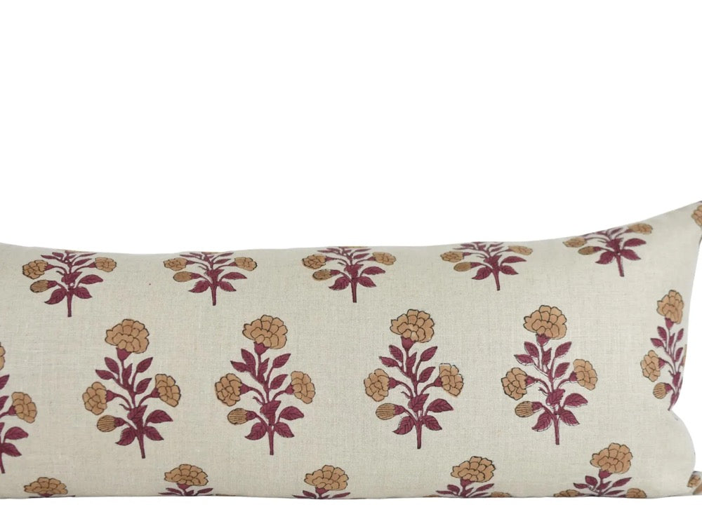 Hand Block Printed Linen Lumbar Pillow: Floral Pattern, Brass Zipper
