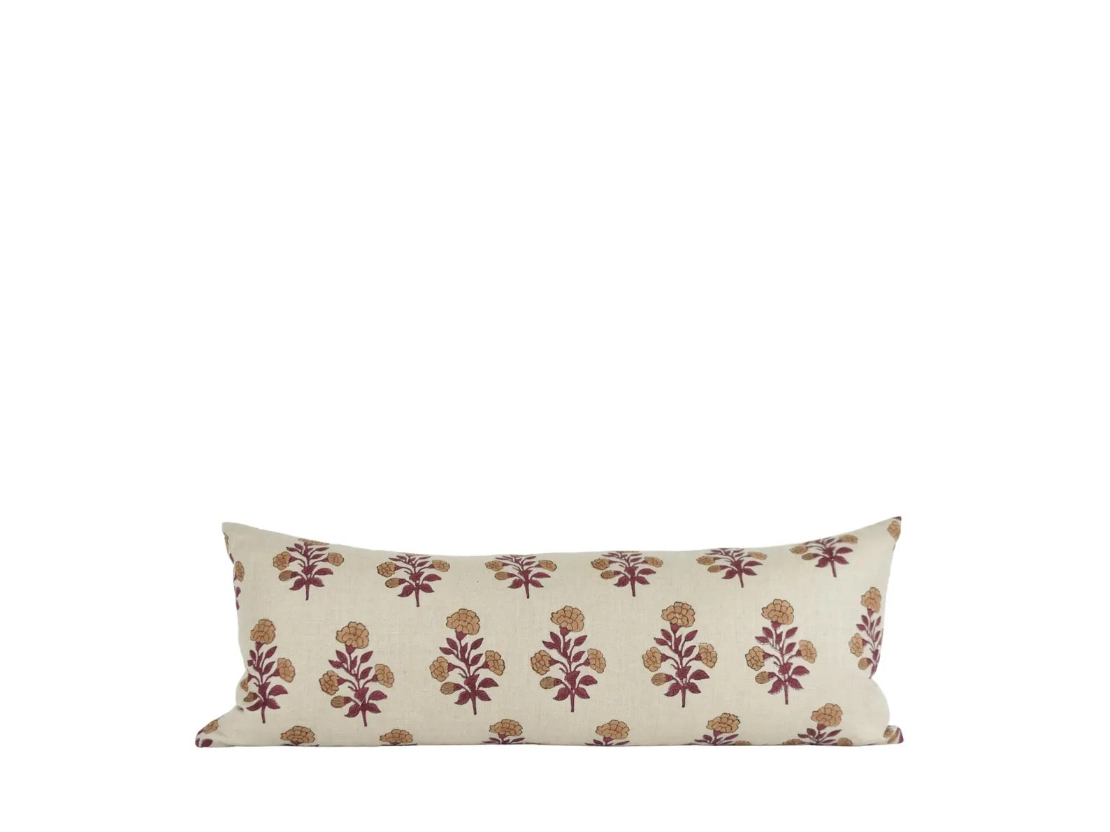 Hand Block Printed Linen Lumbar Pillow: Floral Pattern, Brass Zipper