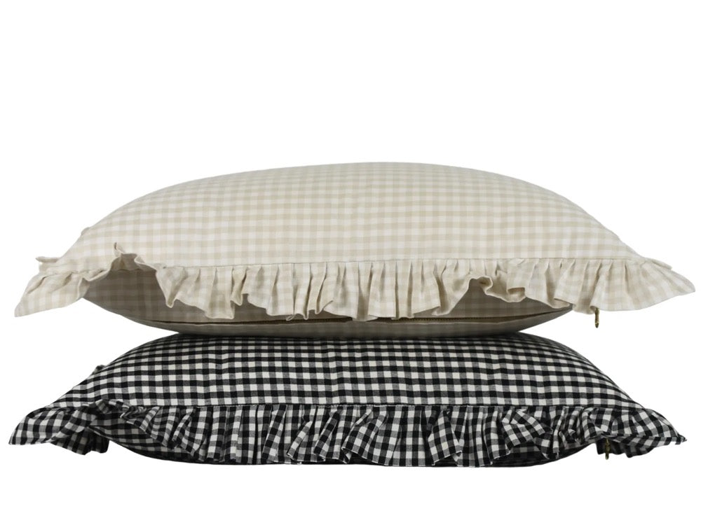 Gingham Ruffle Lumbar Pillow Cover: Handwoven Organic Kala Cotton